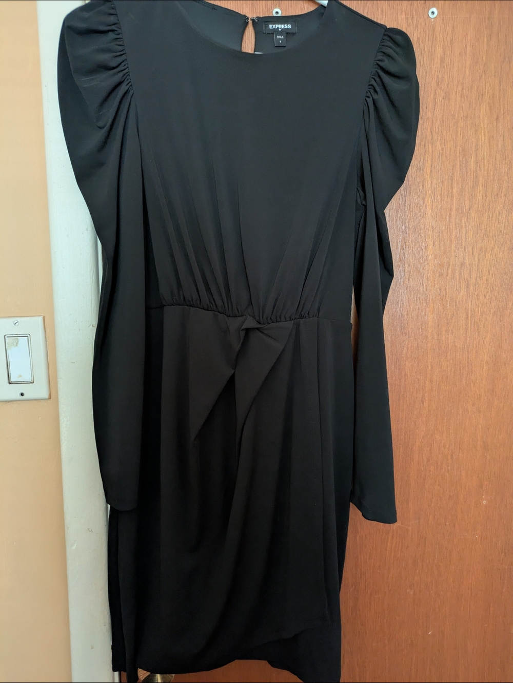 Express Black Long Sleeve Puff Shoulder Dress with Gathered Waist